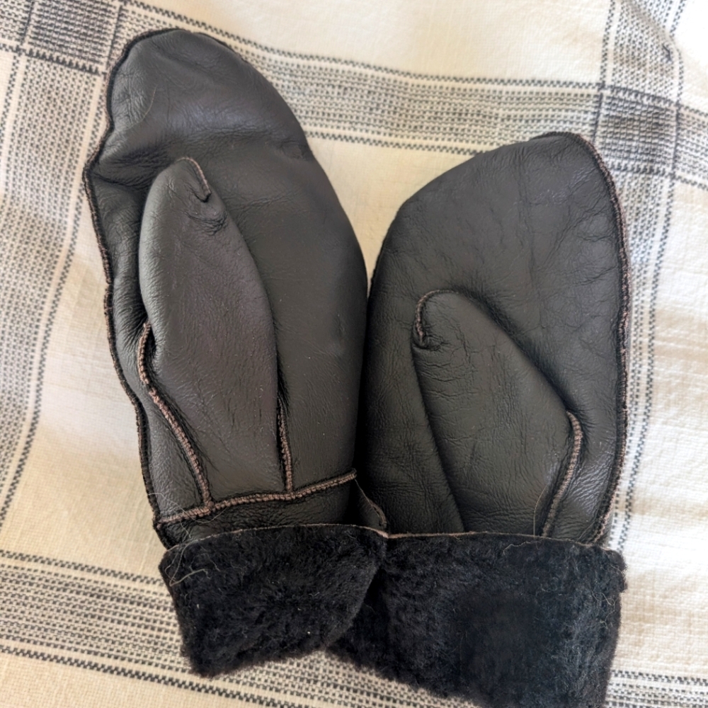 Brown Leather Shearling Mittens,